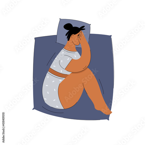 Woman in depression in bed. Person with insomnia. Emotional burnout woman. Mental disorder or illness. Vector illustration