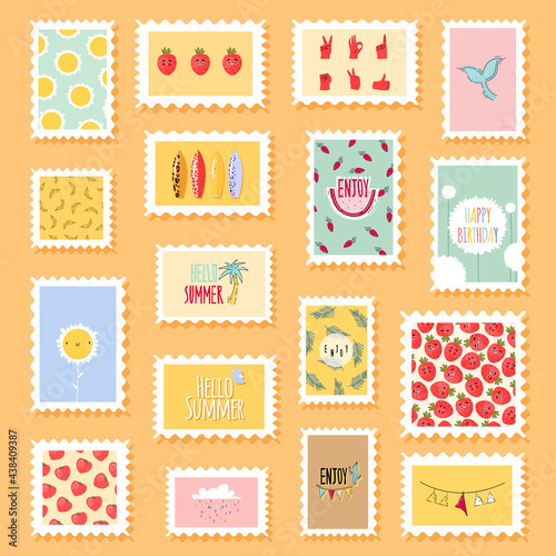Postage stamps with flowers and cute fruits elements in trendy flat style. Variety of modern vector post stamp