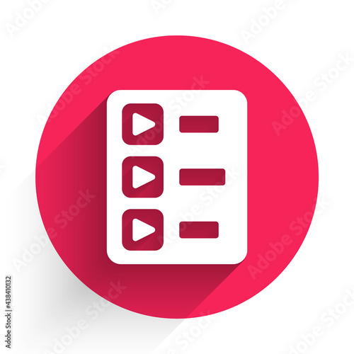 White Music playlist icon isolated with long shadow. Red circle button. Vector