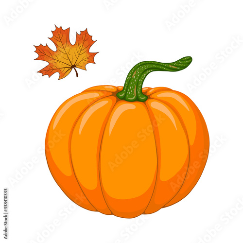 Watercolor cartoon orange pumpkin and autumn maple leaf vector set. Fall season, harvest, Thanksgiving Day symbol. Hand drawn design element isolated for poster, frame, greeting card, invitation