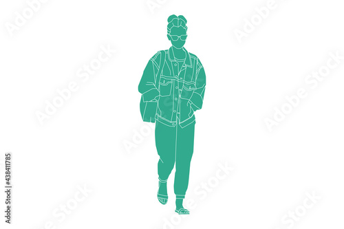 Vector illustration of fashionable woman strolling down, Flat style with outline © valenia