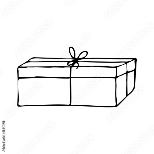 Outline handdrawn gift box isolated on white background. Vector sketch illustration for festive design. Black and white gift icon