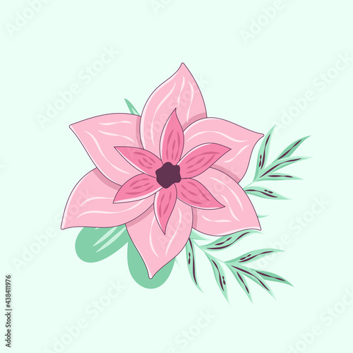 Tropical pink flower with large petals and leaves, isolated on a white background. Icon of an exotic plant. Vector illustration in a trendy cartoon style with a narrow border