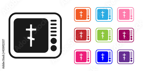 Black Online church pastor preaching video streaming icon isolated on white background. Online church of Jesus Christ. Set icons colorful. Vector