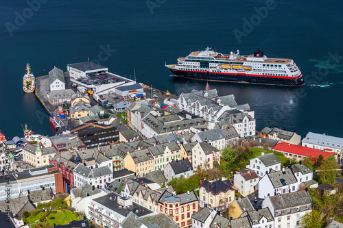 Cruise ships about to dock in Alesund on the Norwegian coast