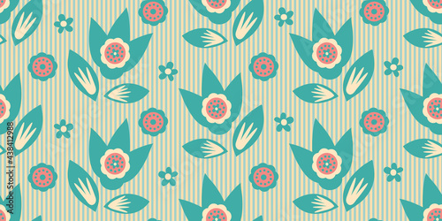 Modern wild flower graphic vector seamless border background. Banner with abstract groups of flowers leaves on striped backdrop in pastel blue yellow. For baby products, header, ribbon, edging, trim © Gaianami  Design