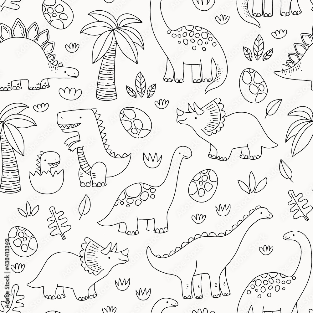 Cute dinosaur seamless pattern. Black and white outlines in cartoon style.  Stock Vector | Adobe Stock
