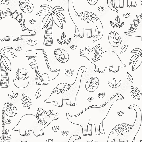 Cute dinosaur seamless pattern. Black and white outlines in cartoon style.