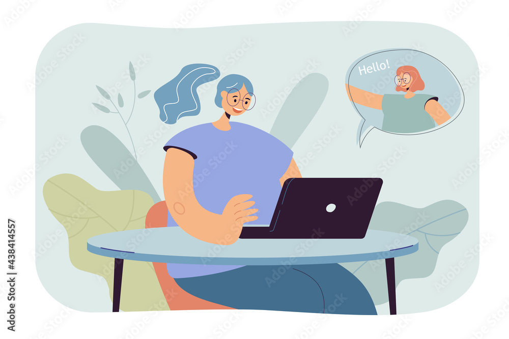 Woman communicating online vector illustration. Young female character sitting at laptop talking with long distance friend. Online friendship concept for banner, website design or landing web page Woman communicating online vector illustration. Young female character sitting at laptop talking with long distance friend. Online friendship concept for banner, website design or landing web page