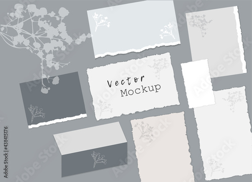 Set of paper with ragged edges, booklet and flower branch. Mood board mockup. Floral Blank template for wedding invitation, note paper, branding, menu, rsvp. Different shapes. Vector EPS10.