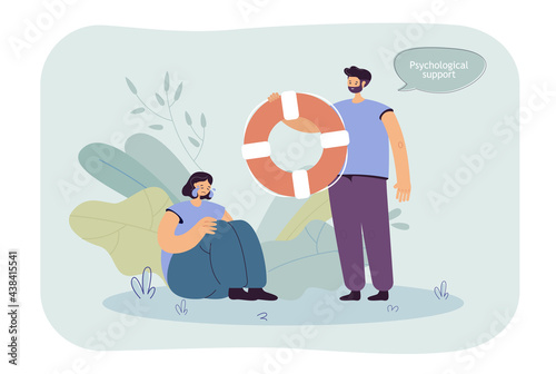 Crying woman getting psychological help from man with life ring. Boy supporting his friend flat vector illustration. Psychotherapy, depression concept for banner, website design or landing web page