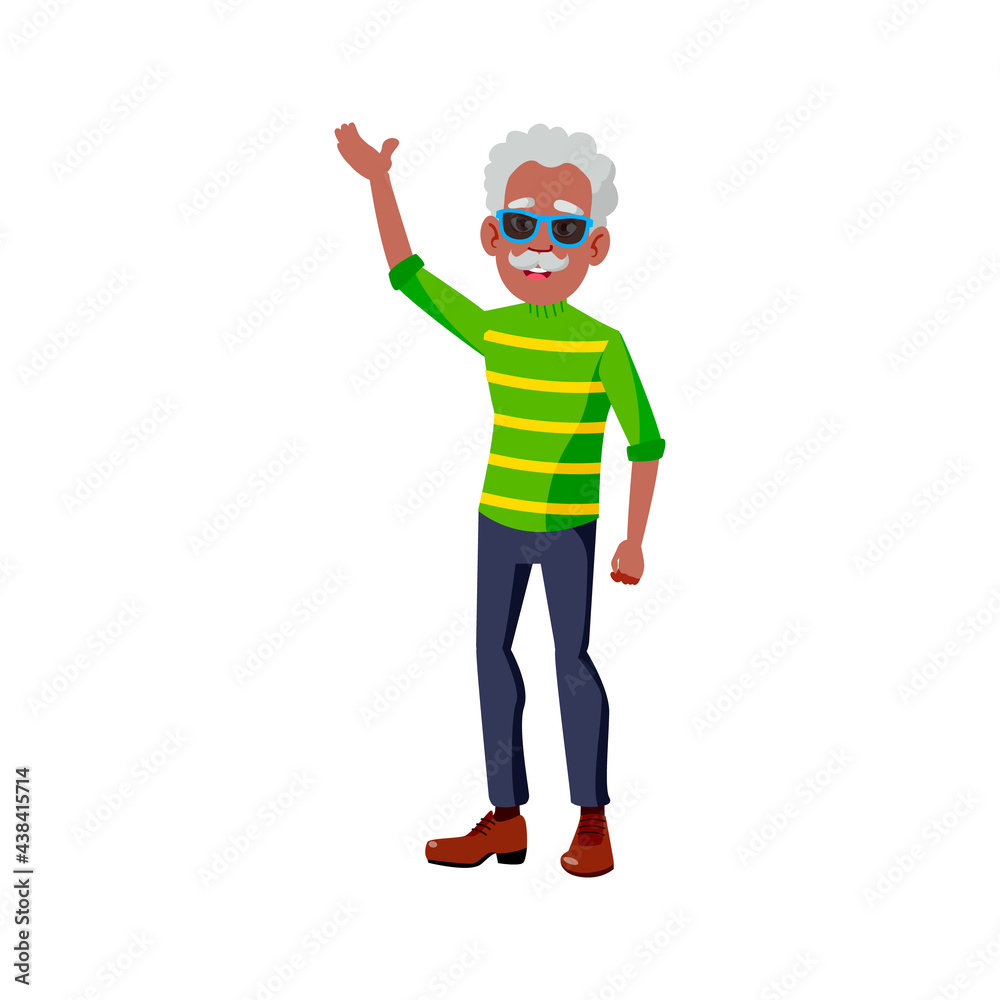 stylish old man wearing sunglasses waving with hand to friend on seashore cartoon vector. stylish old man wearing sunglasses waving with hand to friend on seashore character. isolated flat cartoon stylish old man wearing sunglasses waving with hand to friend on seashore cartoon vector. stylish old man wearing sunglasses waving with hand to friend on seashore character. isolated flat cartoon