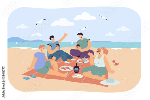 Group of happy friends having picnic on beach. Cartoon persons eating and drinking on seashore trendy flat vector illustration. Picnic, summer concept for banner, website design or landing web page
