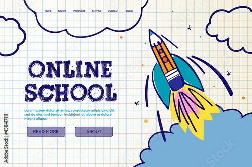 Online School. Digital internet tutorials and courses, online education, e-learning. Web banner template for website, landing page and mobile app development. Doodle style 