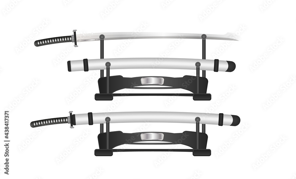 Katana, Japanese sword realistic style. Set of illustrations. Samurai weapons. Katana with scabbard. Vector illustration. Katana, Japanese sword realistic style. Set of illustrations. Samurai weapons. Katana with scabbard. Vector illustration.
