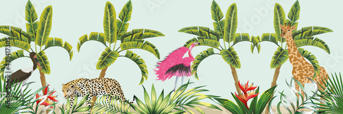 Illustration of Different Jungle Animals on Tropical Background