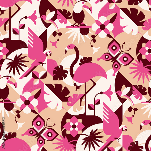 Tropical birds and flowers - abstract vector pattern  seamless with flamingo  toucan  hummingbird  parrot  butterfly. Perfect for fabric  textile  wallpaper.