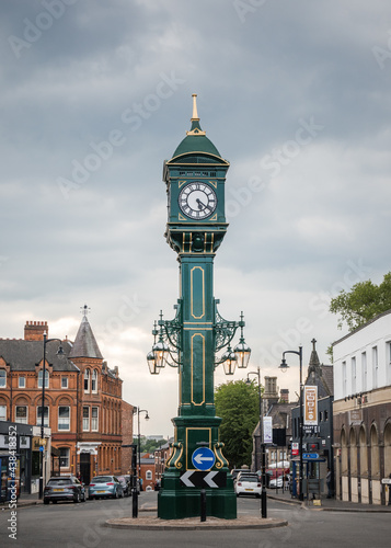 The Chamberlain Clock Jewellery Quarter Birmingham UK Green Edwardian clocktower standing at junction of Vyse and Frederick Streets with Warstone Lane. Monument to Joseph Chamberlain in Brum. 