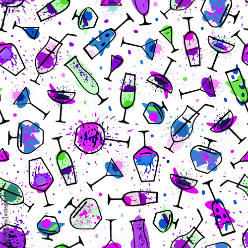 Cute glasses with wine. Seamless pattern. Alcohol background. Vector illustration.
