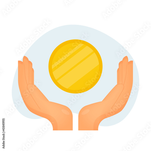 Hands protecting a gold coin. Logo for investment and capital preservation. Vector.