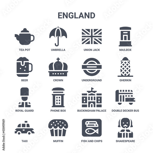 Photo icon set of 16 england concept vector filled icons such as umbrella, beer, gherk