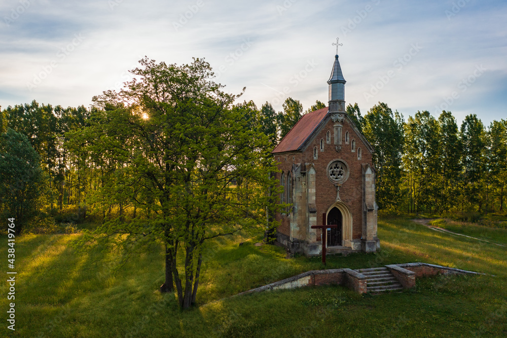 Lorev, Hungary - Aerial view about Zichy Chapel which located in an idyllic location in the floodplain of the Danube.
