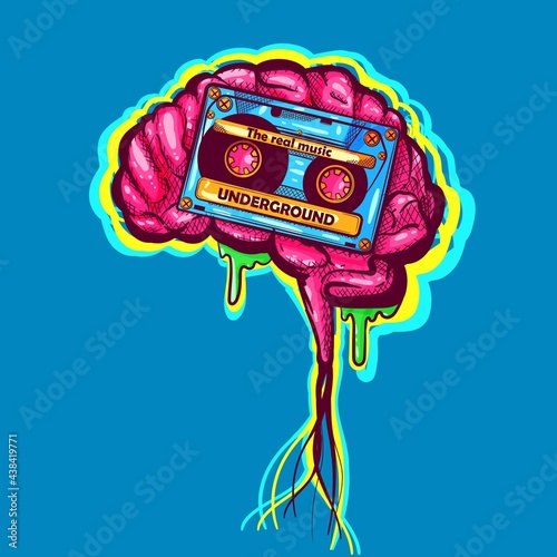 Wall hiphop art with a zombie brain and a cassette. Neon graffiti drawing and clothing texture for print. Urban and contemporary hip hop music illustration. Funky mind concept from the 90s.