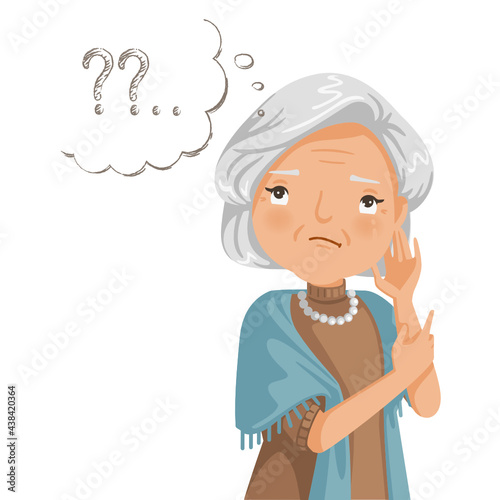 Elderly woman thinking looking up and reflecting. Pensive grandmother find successful solution.