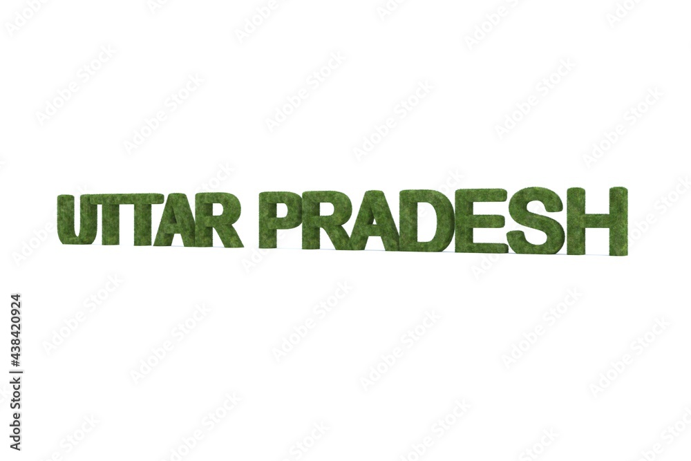 3d rendering of green grass UTTAR PRADESH word isolated on white background 3d rendering of green grass UTTAR PRADESH word isolated on white background