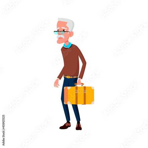 elderly man traveler with luggage on railway station cartoon vector. elderly man traveler with luggage on railway station character. isolated flat cartoon illustration