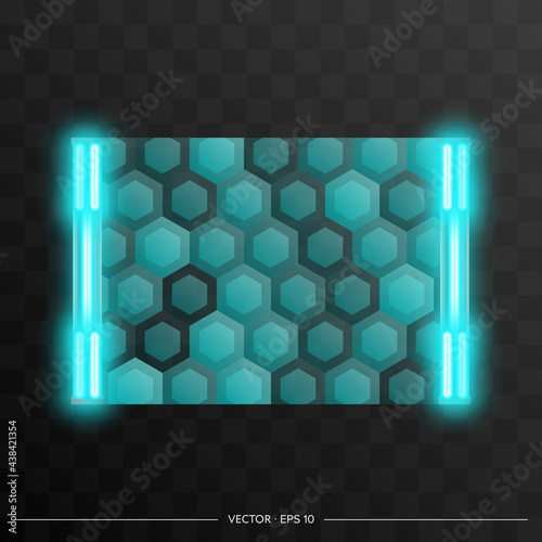 Fototapeta Naklejka Na Ścianę i Meble -  Holographic neon door of the future. The technology of the future doorway. Realistic Vector.