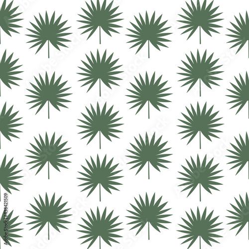 Vector tropical seamless pattern with green palm leaves on white background.
