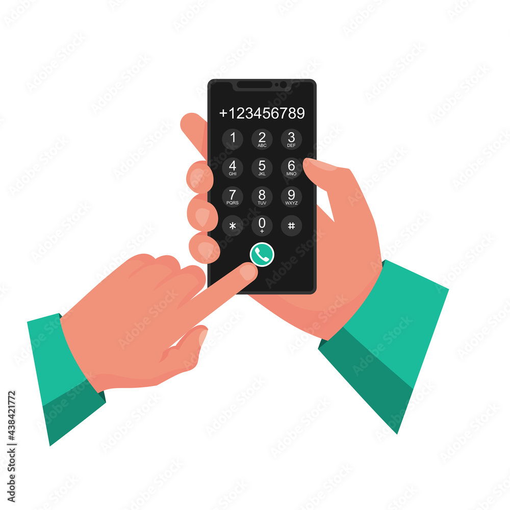 Dial number. Businessman holds smartphone in hands. Dialing numbers. Here can be your template for advertising and promotion. Vector illustration flat design. Display with button and finger on a call. Dial number. Businessman holds smartphone in hands. Dialing numbers. Here can be your template for advertising and promotion. Vector illustration flat design. Display with button and finger on a call.