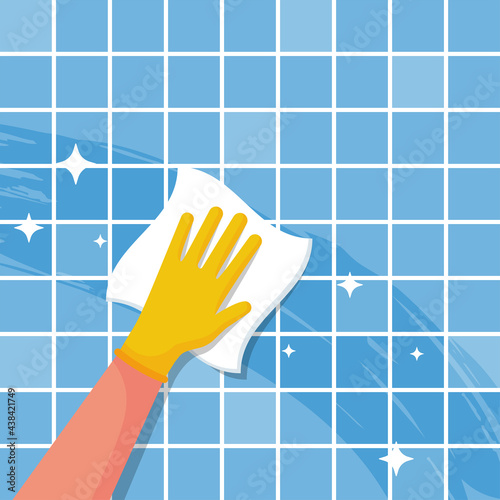 Cleaning shiny tiles in the bathroom. Spraying antibacterial sanitizing spray. Pollution prevention. Spray detergent. Napkin in hands. Protective rubber gloves. Hygiene home. Vector flat design.