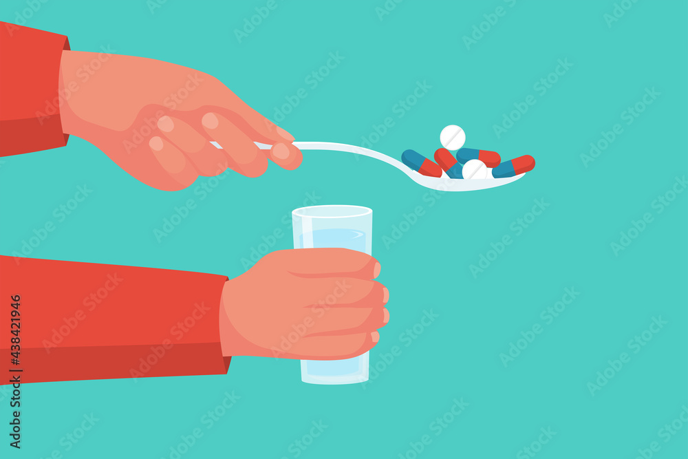 To eat pills. Taking medications. To eat tablets with a spoon. Man holds in hands glass of water. Vector illustration flat design. Concept of treatment or addiction. To eat pills. Taking medications. To eat tablets with a spoon. Man holds in hands glass of water. Vector illustration flat design. Concept of treatment or addiction.