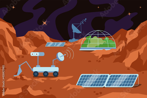 Red planet colonization human space base. Science station on Mars landscape and dome building, mountains and stars in sky. Station in galaxy in universe. Colonizers explore exoplanet soil exploration