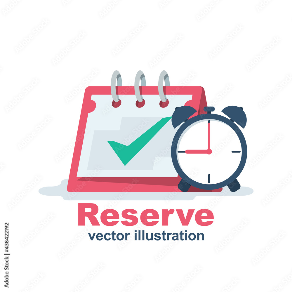 Reservation icon. Calendar and clock. Date and time. Booking concept. Vector illustration flat design. Isolated on white background. Reservation icon. Calendar and clock. Date and time. Booking concept. Vector illustration flat design. Isolated on white background.