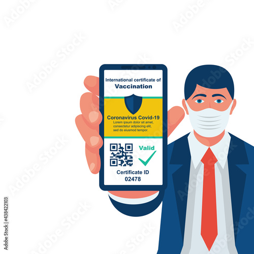 Man in a mask shows phone with digital passport vaccination Covid-19. International Certificate of Vaccination. Valid Certificate. Vector illustration flat design. QR code on screen on smartphone.
