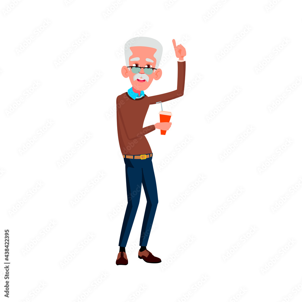 happy aged man drinking soda water and gesturing ok cartoon vector. happy aged man drinking soda water and gesturing ok character. isolated flat cartoon illustration