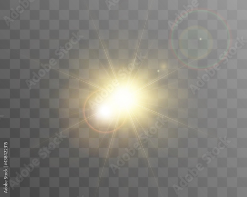 Sun on a transparent background with rays and glare vector illustration.	