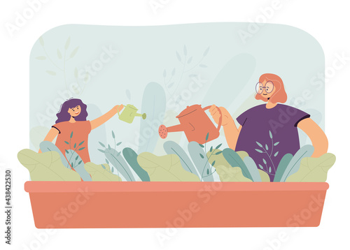 Mother and daughter watering plants in garden. Woman and girl with watering cans pouring water on flowers flat vector illustration. Family, gardening concept for banner, website design or landing page