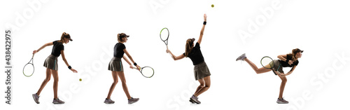 High flight. Young caucasian tennis players running and jumping on white studio background. © master1305