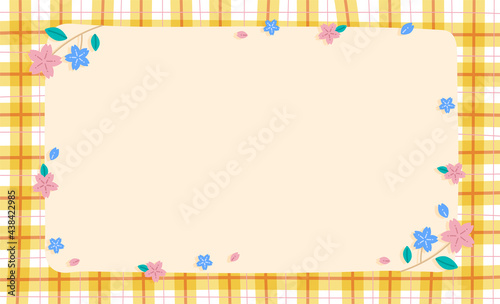 Blank paper with Yellow Gingham Bloom Sakura Flower Background Frame. Blank note Vector Illustration. Editable Stroke.