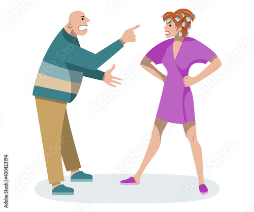 Wife screams at husband. Man and woman argue. Male and female swear. Negative emotions. Home conflict. Domestic violence. Flat illustration on isolated white background.