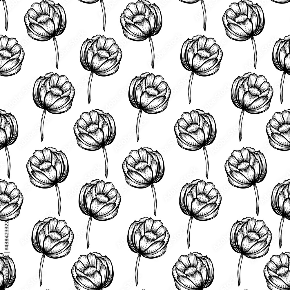 Seamless pattern Peony flower and leaf hand drawn botanical illustration with line art. Seamless pattern Peony flower and leaf hand drawn botanical illustration with line art.