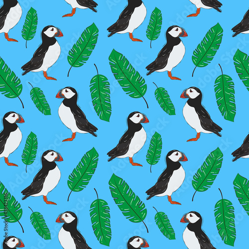 Seamless background with tropical birds and tropical plants. Nice dead end. Green banana leaves.