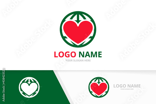 Vector heart and globe logo combination. Love and world logotype design template.