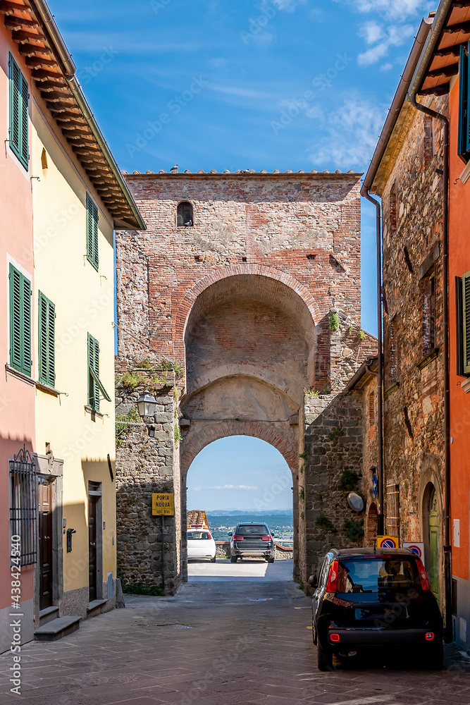 The ancient Porta Nuova from the sixteenth century in the historic center of Montecarlo, Lucca, Italy