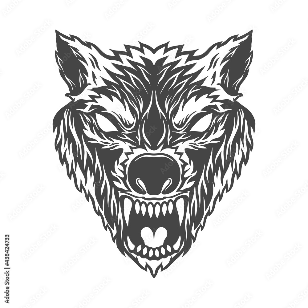 Illustration of angry wolf head in monochrome style. Design element for  logo, label, sign, emblem, poster. Vector illustration Stock Vector | Adobe  Stock