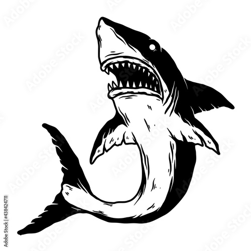 Illustration of angry shark in monochrome style. Design element for logo, label, sign, emblem, poster. Vector illustration